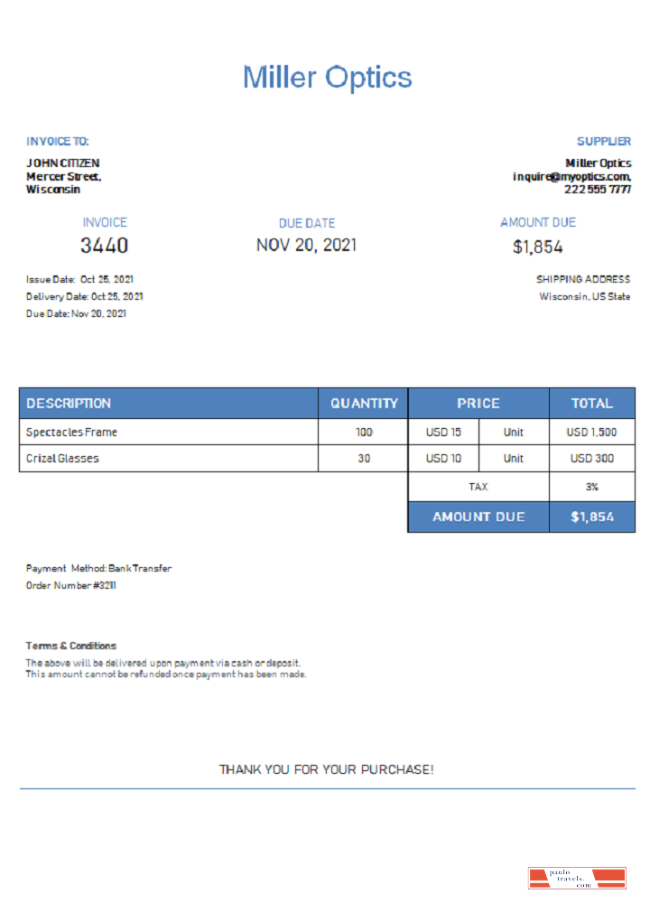 USA Miller Optics invoice PSD template